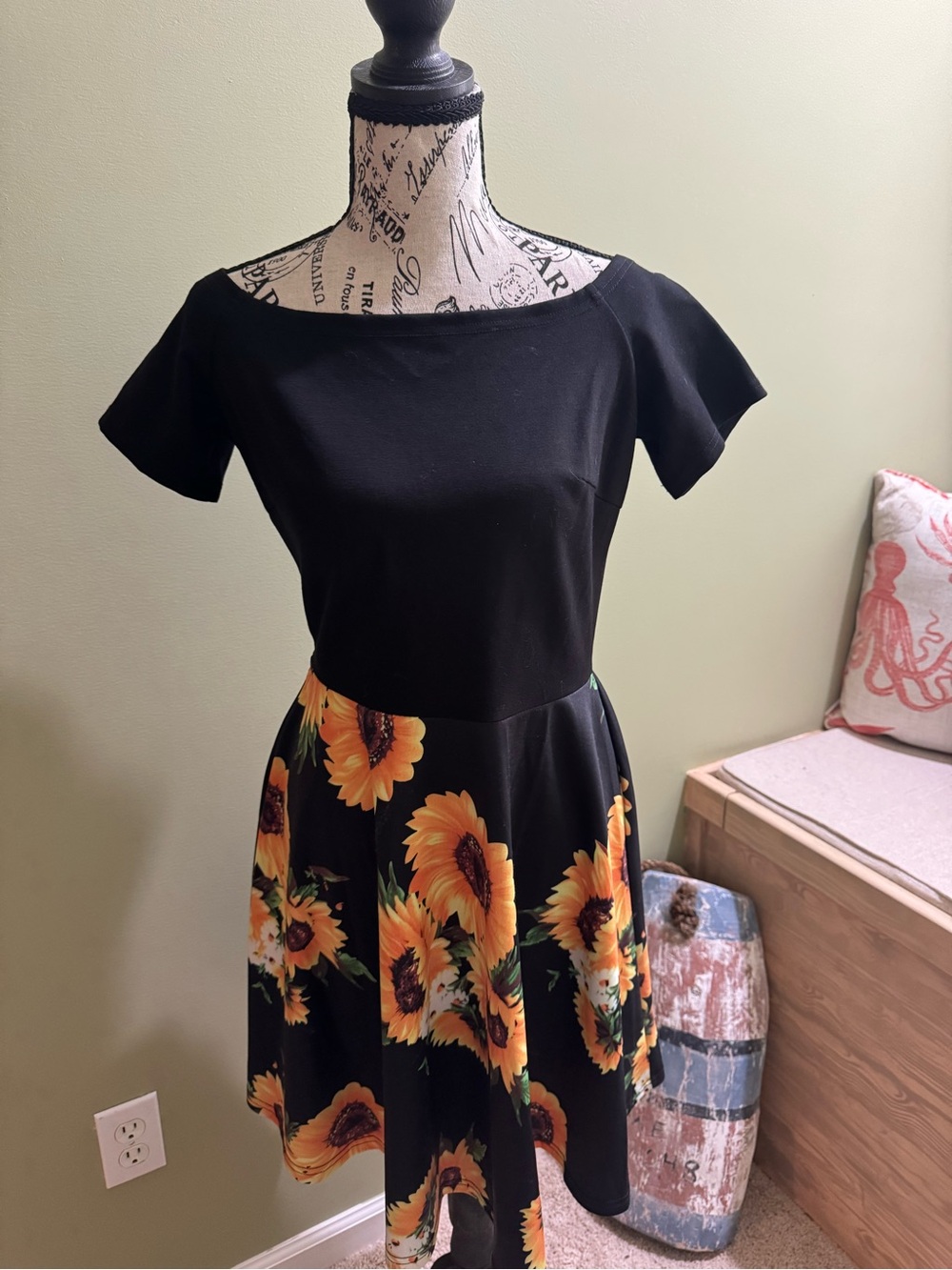 Black Sunflower Print Fit & Flare Mini Dress